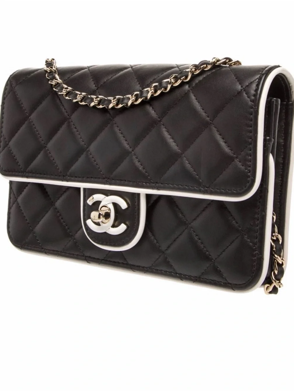 CHANEL Black Quilted Leather Shoulder Bag with White Trim and Gold Chain